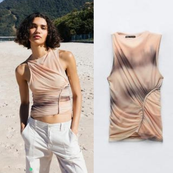 New Zara Asymmetrical Sleeveless Ruched Mesh Tulle Dyed Multi Top/Blouse NWT - Picture 1 of 11